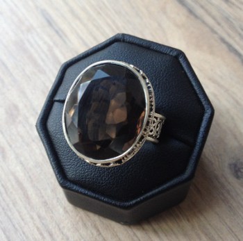 Zilveren edelsteen ring Smokey Topaas vintage setting 18